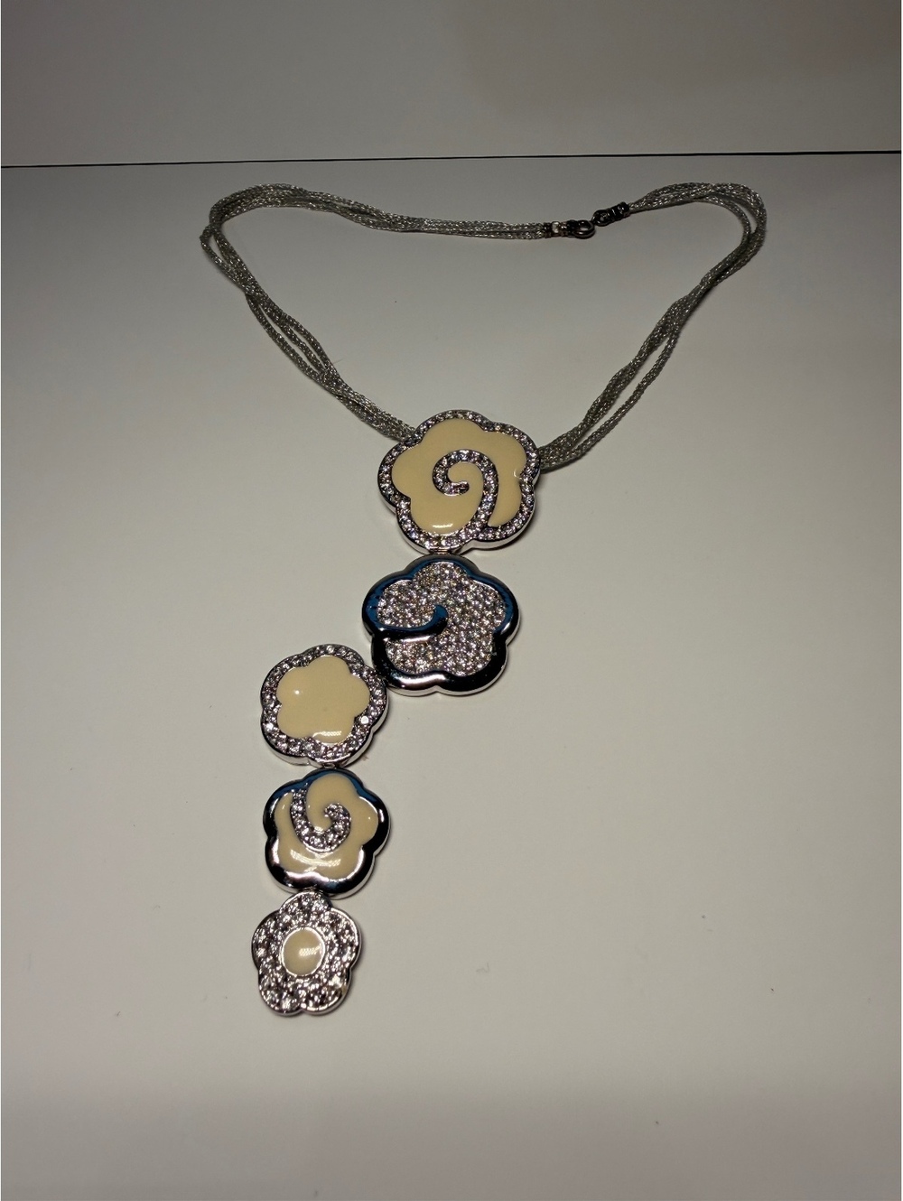 Vintage Frieda Rothman Enamel & CZ Flower Drop Sterling Necklace